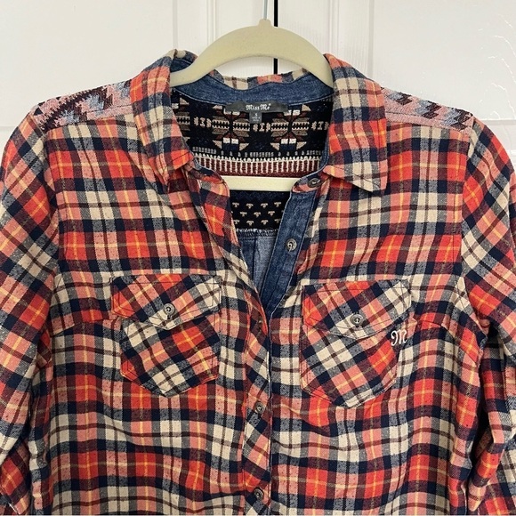 Women’s Miss Me Flannel Plaid and Jean Aztec Print Shirt Size S - Picture 2 of 8